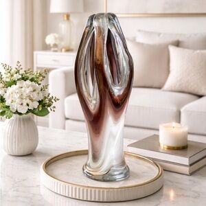 Vintage Hand Blown Art Glass Vase Brown White Swirl Sculptural MCM Decor